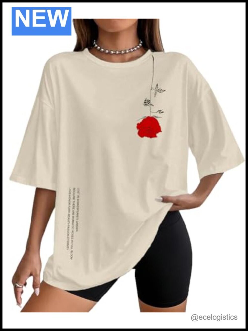 Oversized Cotton Graphic T-Shirt with Rose Print Casual Tee